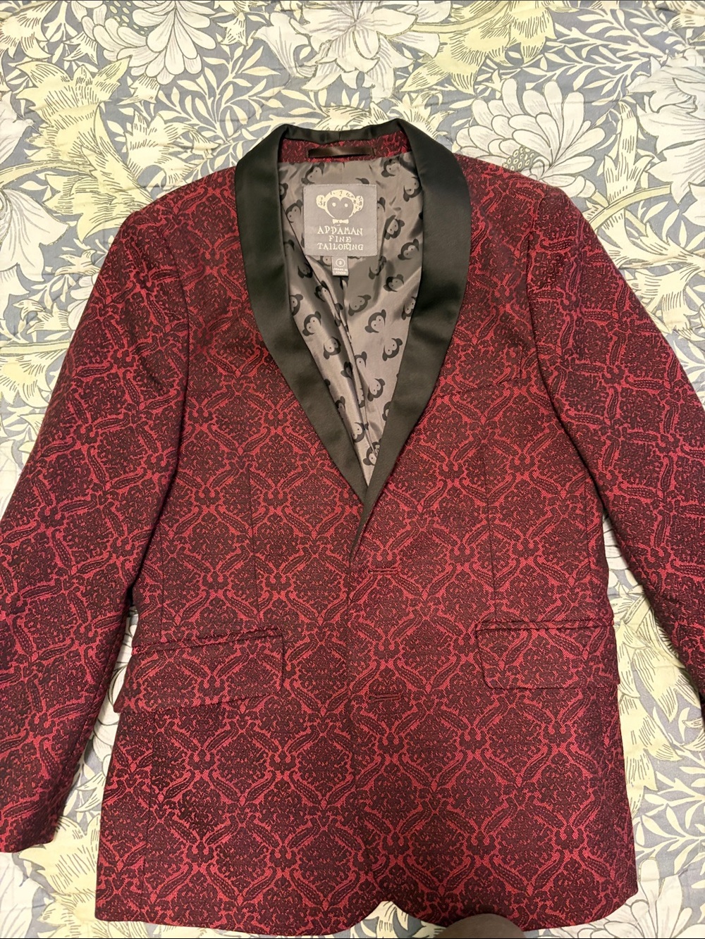 Appaman Kids Burgundy Patterned Blazer with Black Satin Shawl Collar
